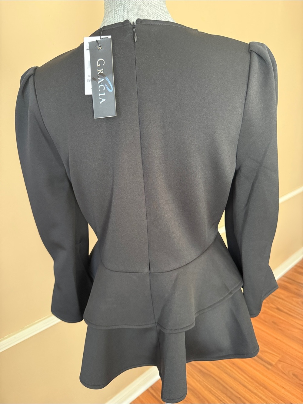 GRACIA 🖤 BLACK PEPLUM TIERED LONG-SLEEVE BLOUSE 🖤 SIZE MEDIUM 🌟NWT🌟 - Picture 12 of 17